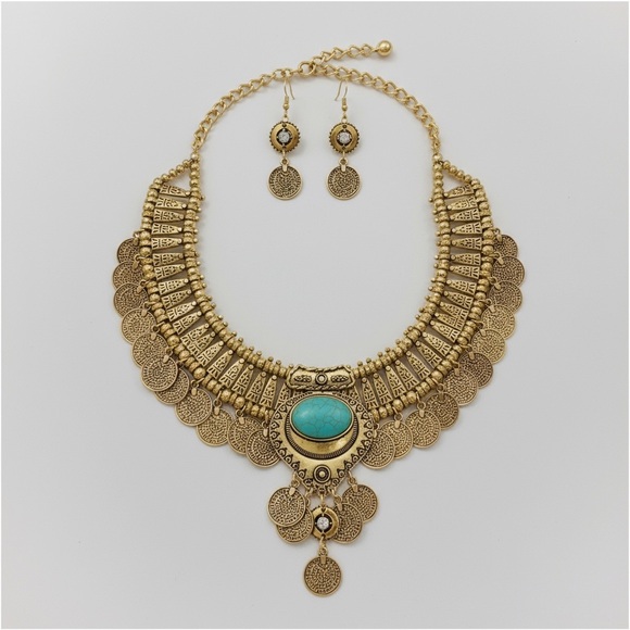 NWT Gold Coin Statement Necklace & Earrings Set with Turquoise Accent - Picture 3 of 15